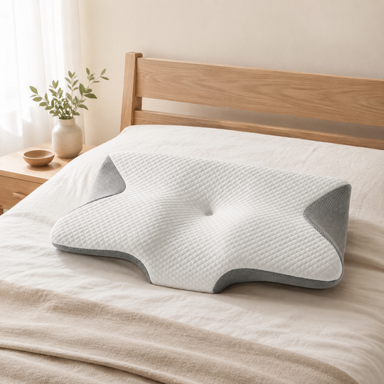 NeckCloud Kissen – ergonomisches Nackenstützkissen auf Bett, Grau/Weiß, Seitenansicht