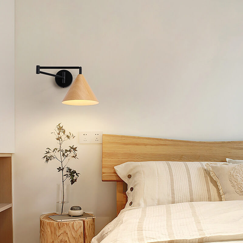 Skandinavische Schwenkarm Wandleuchte | Moderne LED Wandlampe mit Holzstruktur