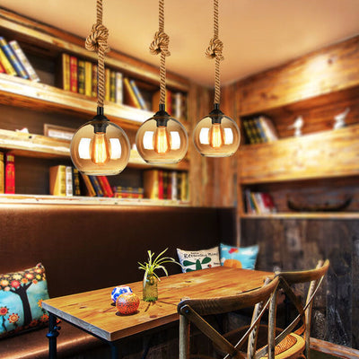 Glaskugel Pendelleuchte mit Hanfseil | Vintage Lichtdesign