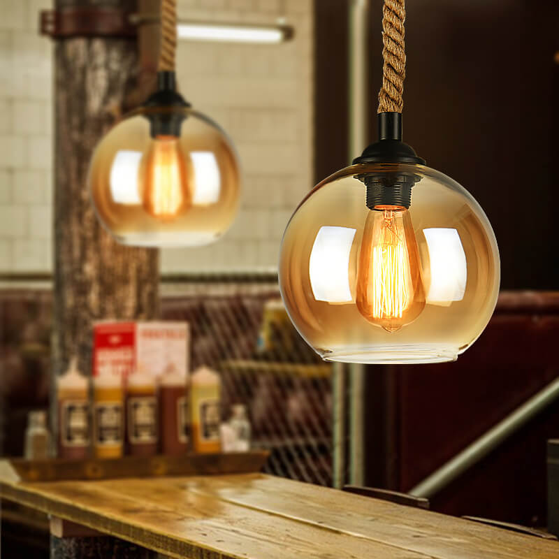 Glaskugel Pendelleuchte mit Hanfseil | Vintage Lichtdesign