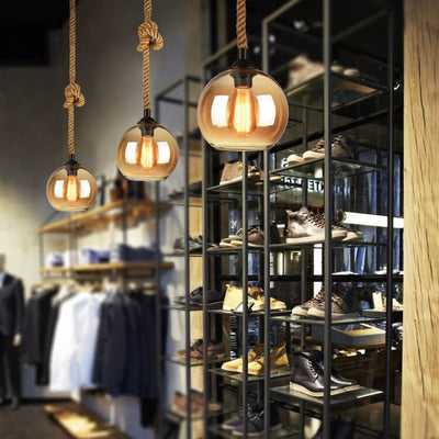 Glaskugel Pendelleuchte mit Hanfseil | Vintage Lichtdesign
