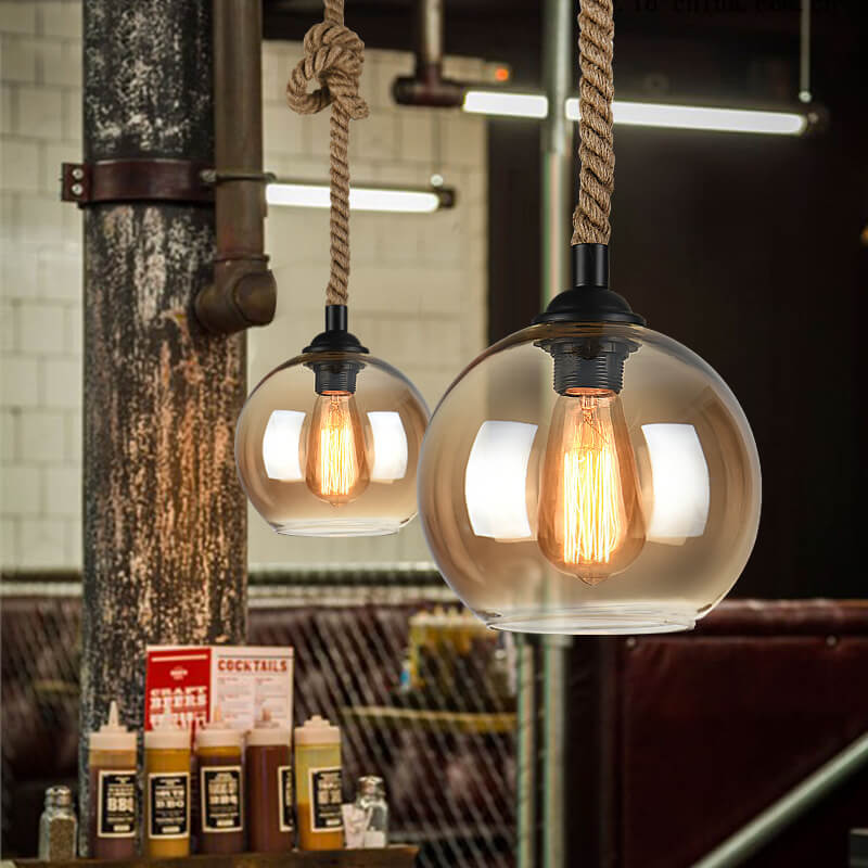 Glaskugel Pendelleuchte mit Hanfseil | Vintage Lichtdesign