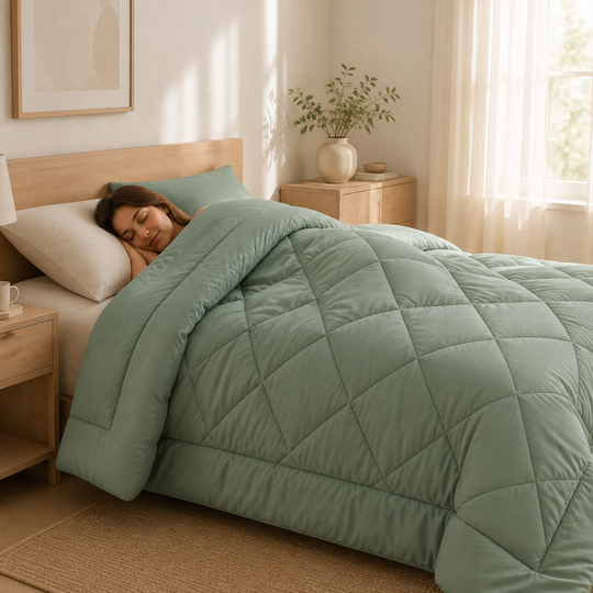 DreamWrap 2-in-1 Bettdecke – Frau schläft entspannt unter Sage-Decke im Skandinavischen Schlafzimmer