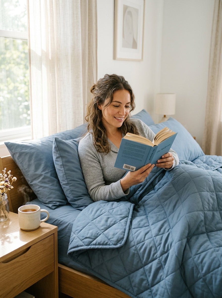 Lesen im Bett unter der DreamWrap in Blau